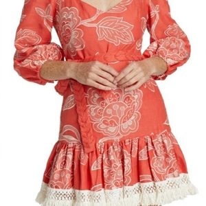 Alexis Claribel Floral Embroidered Flounce Dress Coral Belted NWOT